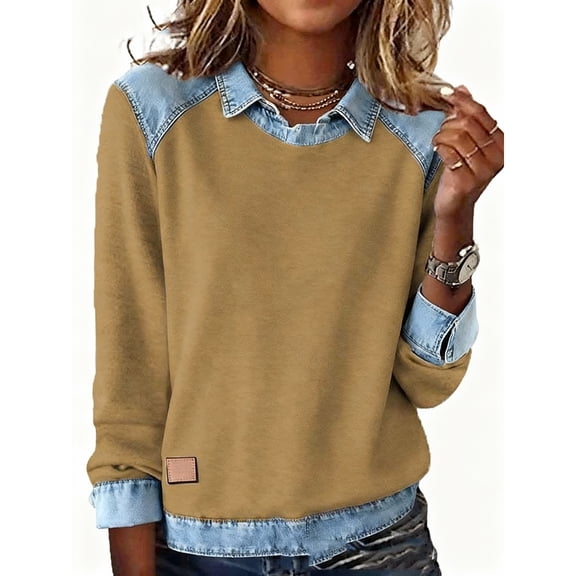 KDDYLITQ Womens Denim Sweatshirt Y2k Oversized Pullover Lapel Collar Button Up Shirts Trendy Soft Comfy Tops Yellow M