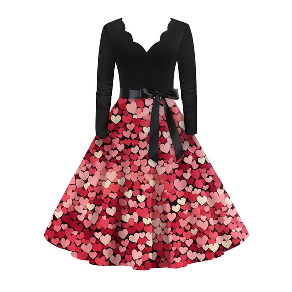 Valentine Dress for Women 1950S Retro Long Sleeve V-Neck Cocktail Dresses with Belt Love Heart Printing A-Line Dress Watermelon Red 5XL