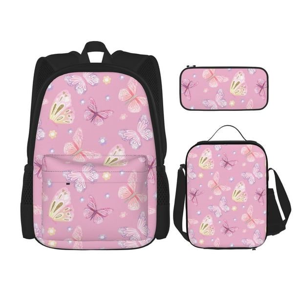 Fotbe Butterfly 1 Set Escolar 3 en 1 para Niños - Mochila Duradera con Lonchera Aislante y Estuche para Lápices - Mochila Escolar para Niños y Niñas