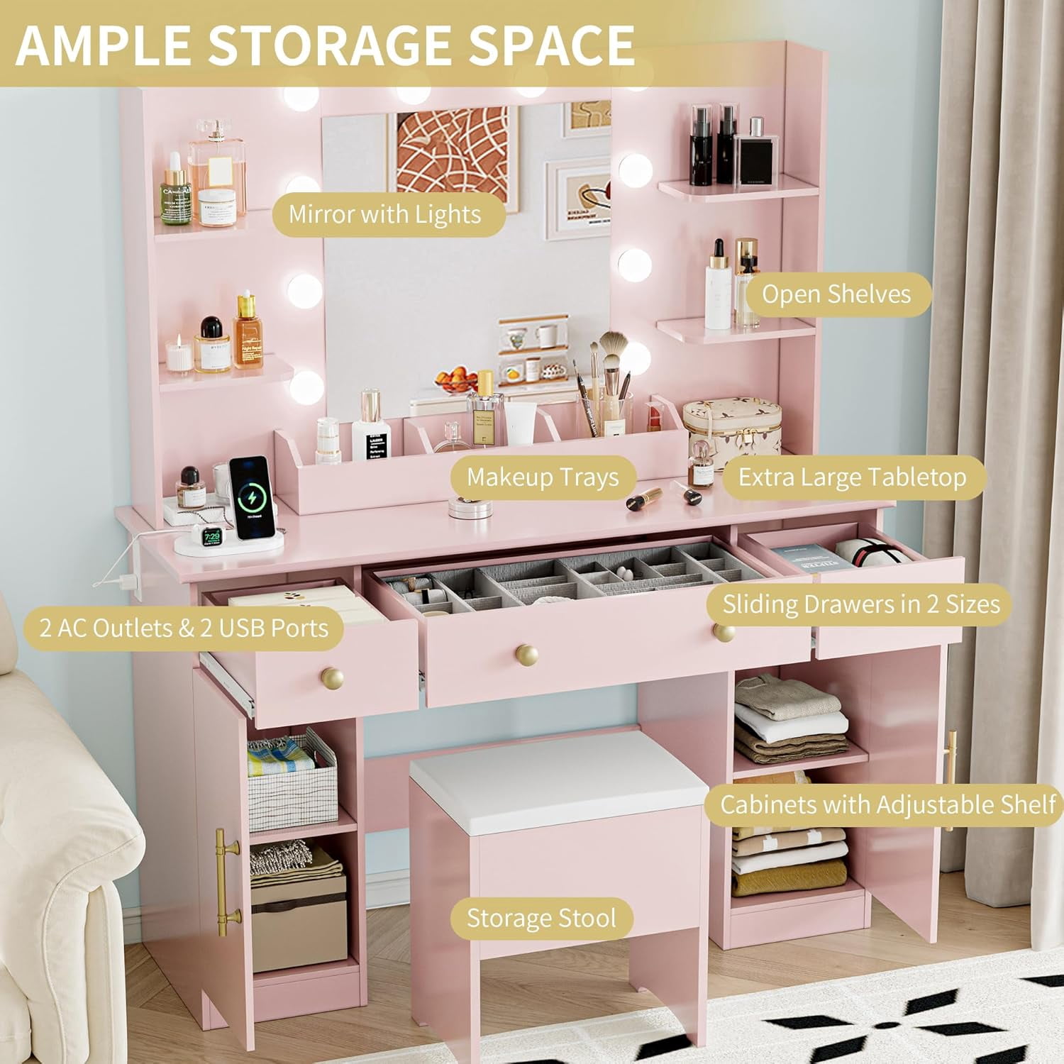 PUFFCAFE Vanity Desk with Mirror and Lights,Large Makeup Vanity Table Set with Drawers & Chair & Power Outlet,Pink Vanity for Bedroom