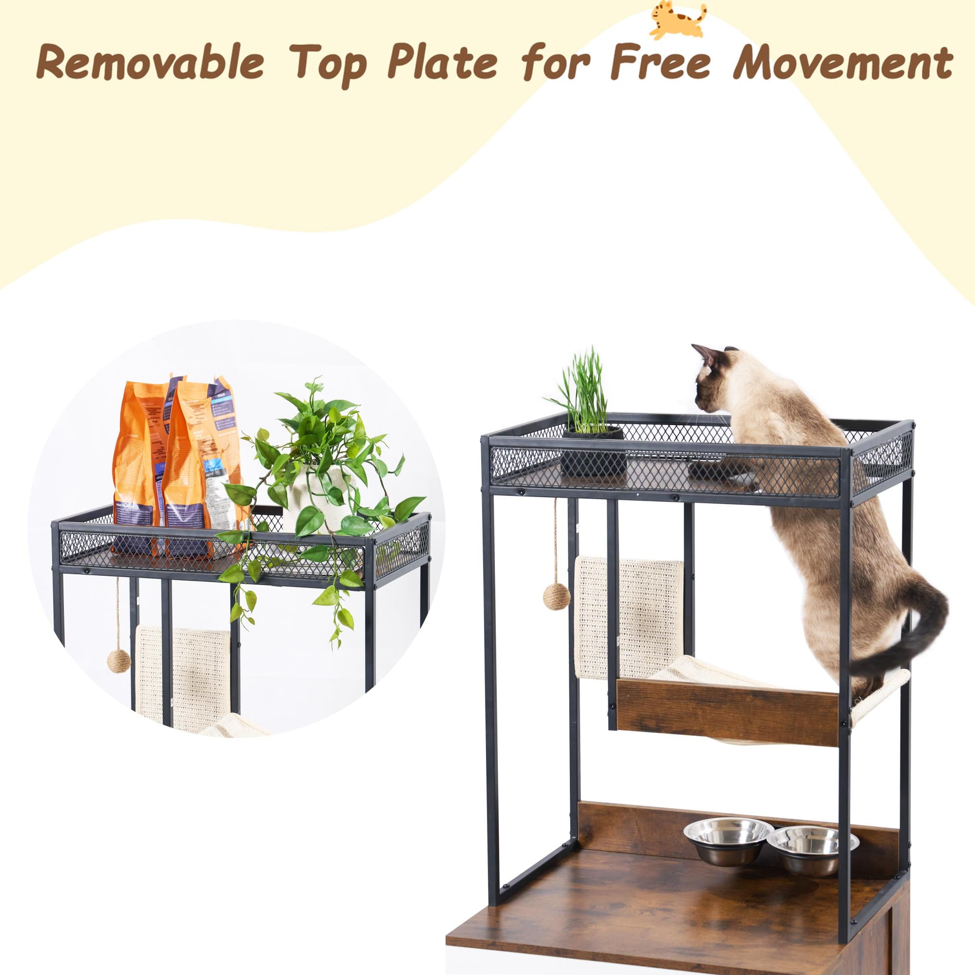 Pefilos 48" Hidden Cat Litter Box Enclosure Furniture with Cat Tree Tower, Iron and Wood Structure Privacy Cat House Washroom, Brown Pefilos 48" Hidden Cat Litter Box Enclosure Furniture with Cat Tree Tower, Iron and Wood Structure Privacy Cat House Washroom, Brown