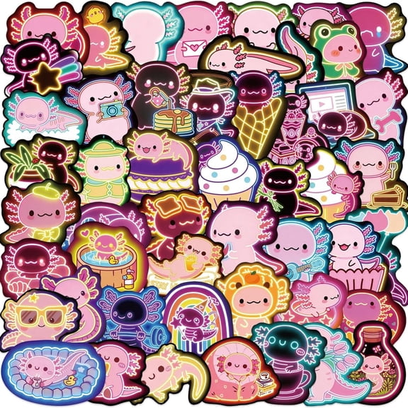 CCOCC 50Pcs Axolotl Stickers,Neon Cartoon Axolotl Stickers for Kids,Teens,Adults,Cute Animal Decals for Water Bottle,Laptop,Scrapbooking,Journaling,School Supplies,Kids Rewards