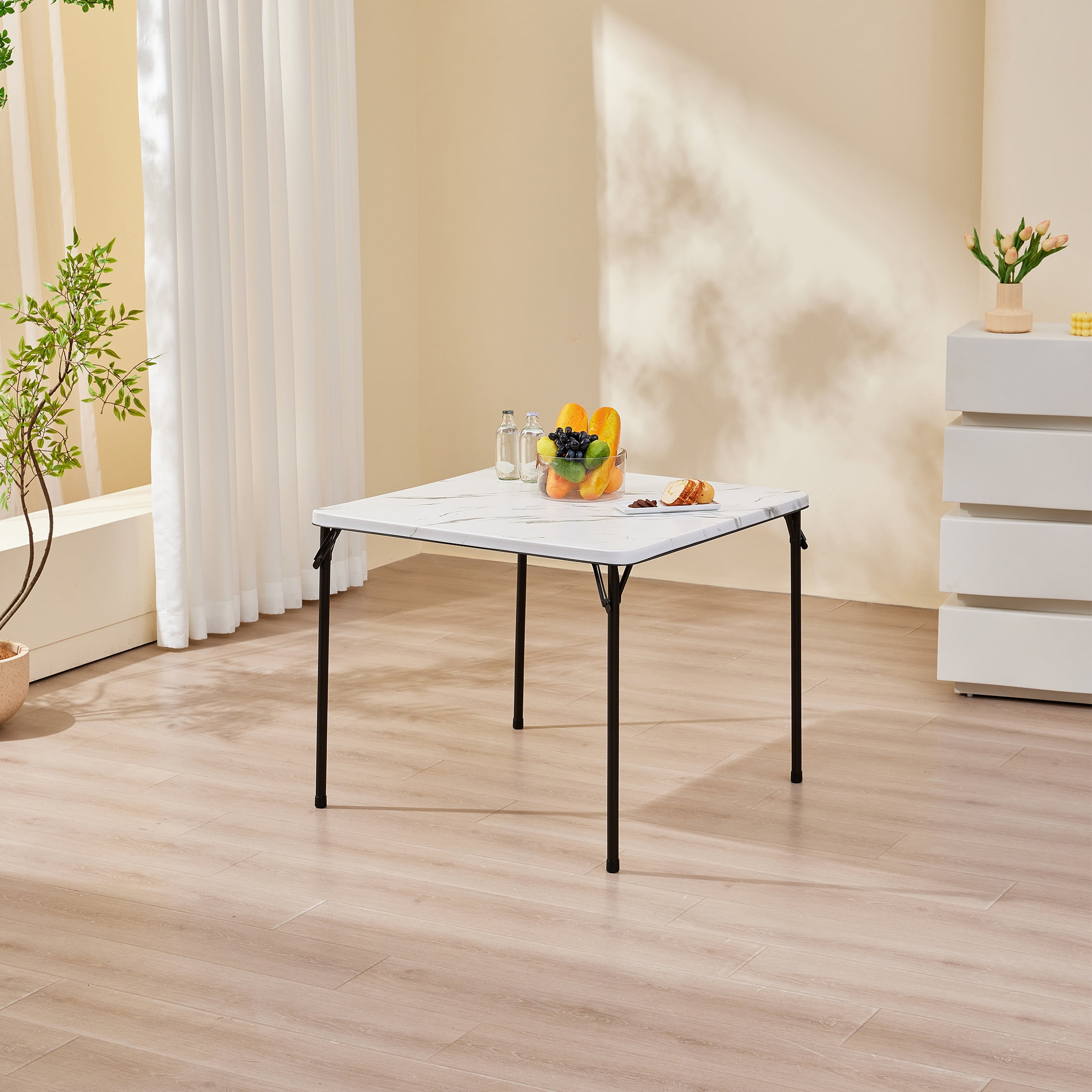 Mainstays 34" Fixed Table Top Folding Legs Card Table, Faux White Marble