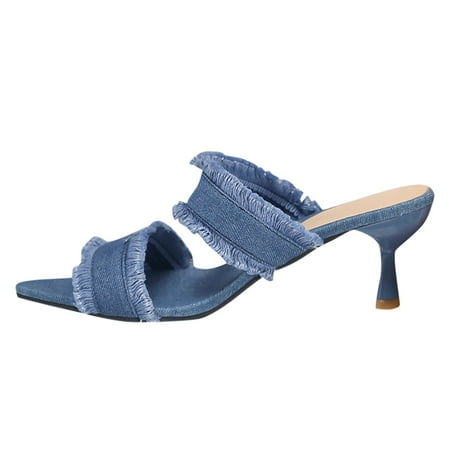 

Krdevn Women s Summer Fashion Pointed Open Toe Fish Mouth Denim Slippers Casual And Comfortable Beach Slippers Blue 6.5