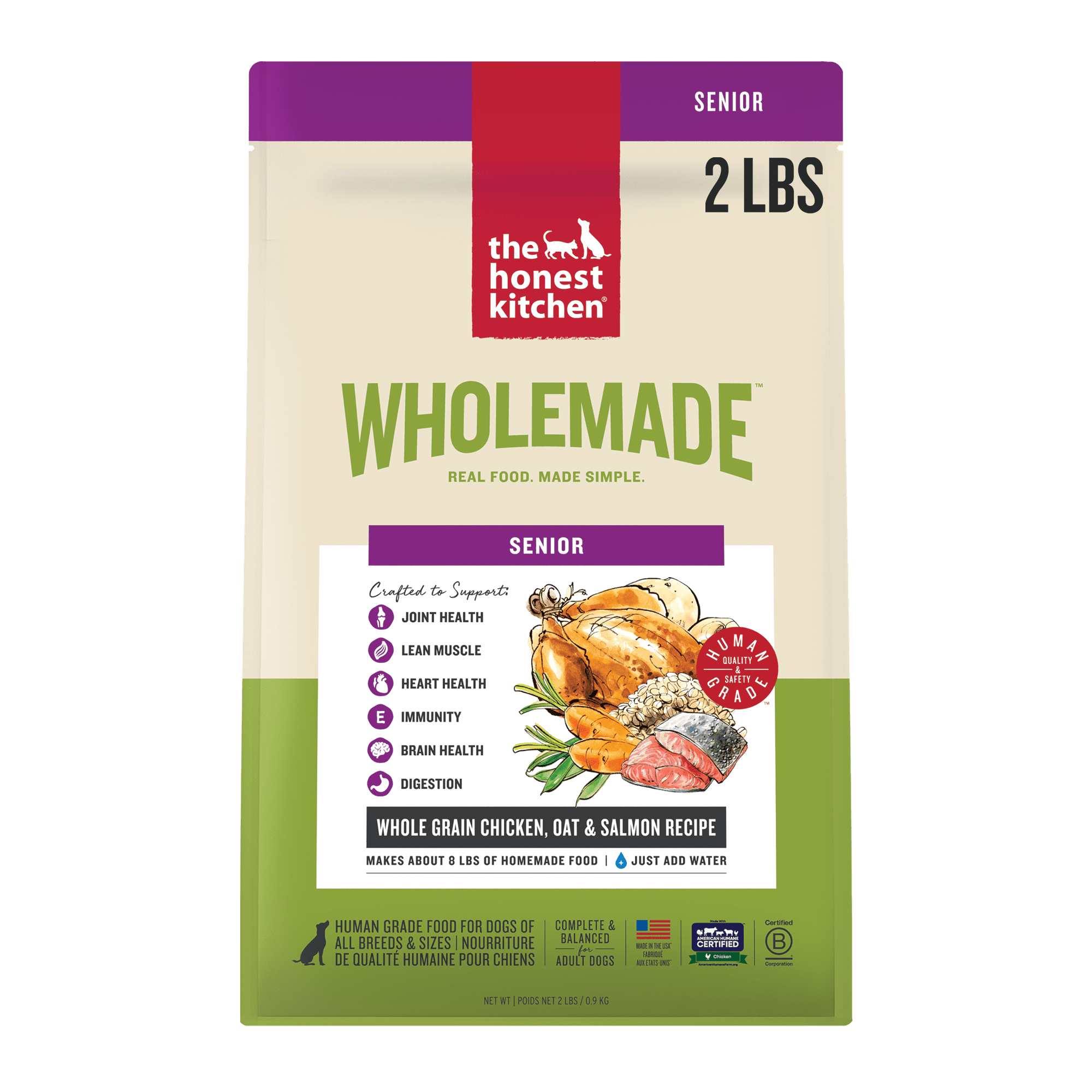 The Honest Kitchen Wholemade Whole Grain Senior Dog Food, Chicken, Oat & Salmon Recipe, Human Grade Dehydrated Dog Food, Overall Health Support for Senior Dogs, Just Add Water, 2 lb Bag Makes 8 lbs