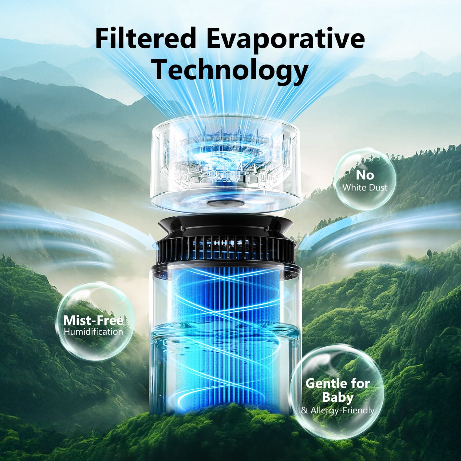 Fimilo 3L Evaporative Humidifier with Filter, mistless humidifier up to 270 Sqft, Fogless Humidifier with Touch Control & 1-8H Timer, Sleep Mode, Night Light, Easy-Clean for Home Office