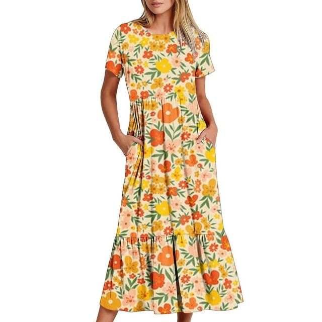 Fankiway Femmes Col Rond Manches Courtes Mi-Veau Double Poche Imprimé Floral Robe à Manches Courtes Robe à Col Rond Plus des Robes de Taille pour les Femmes Courbes Robes de Printemps pour les Femmes 3518