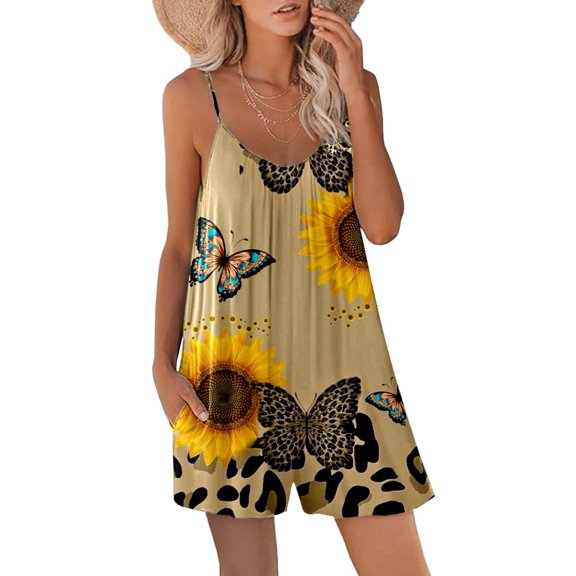USSUMA Rompers for Women Beach Spaghetti Strap Short Overalls Loose Wide Leg Pocket Jumpsuits Summer Dressy Casual Sunflower Print Round Neck Sleeveless Mini Jumpsuits Coupon Centre Brown M