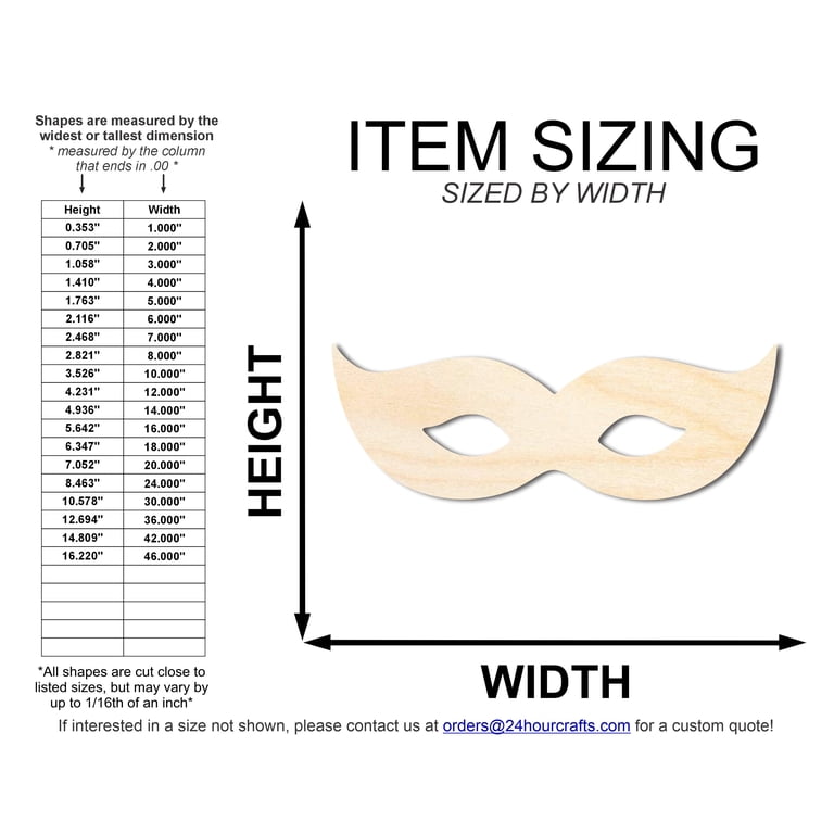 Unfinished Wood Mardi Gras Mask Cutout - DIY Craft Shape, 1/4" Birch Plywood, Various Sizes