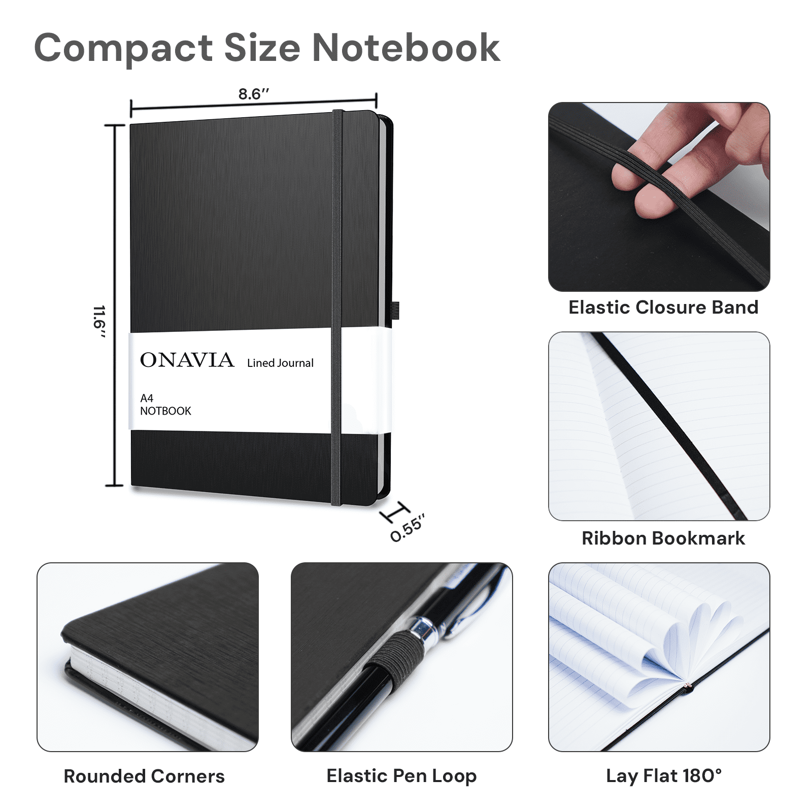 ONAVIA Lined Journal Notebook 3 pack, A4-8.27" x 11.6", 8mm Notebooks College Ruled, Hardcover Notepad for Journaling, Work, School and Gift, 160 Pages, Black