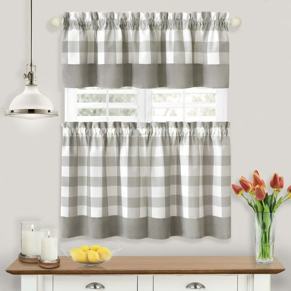 Achim Hunter Indoor Polyester/Cotton Light Filtering Checkered Tier & Valance, Grey, 57-in W x 36-in L