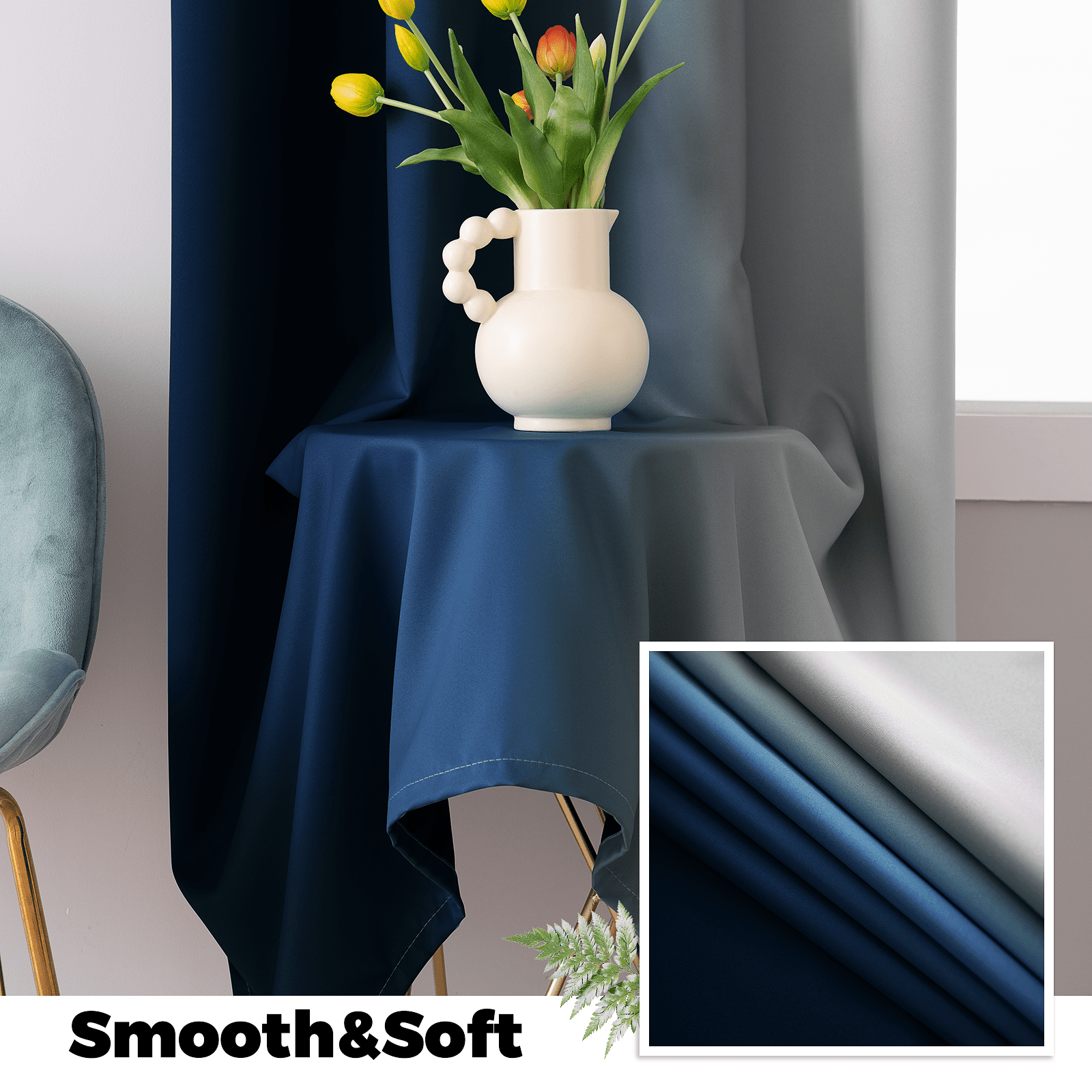 Yakamok 100% Blackout Curtains 84 Inch Length 2 Layers,Blue Curtains for Bedroom Ombre Room Darkening Grommet Gradient Drapes, Light Blocking Thermal Insulated Window Curtains for Living Room