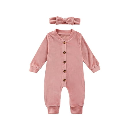 

Sunisery Newborn Baby Girl Boy Autumn Winter Velvet Jumpsuit Clothes Infant Long Sleeve Romper with Buttons Pink 12-18 Months