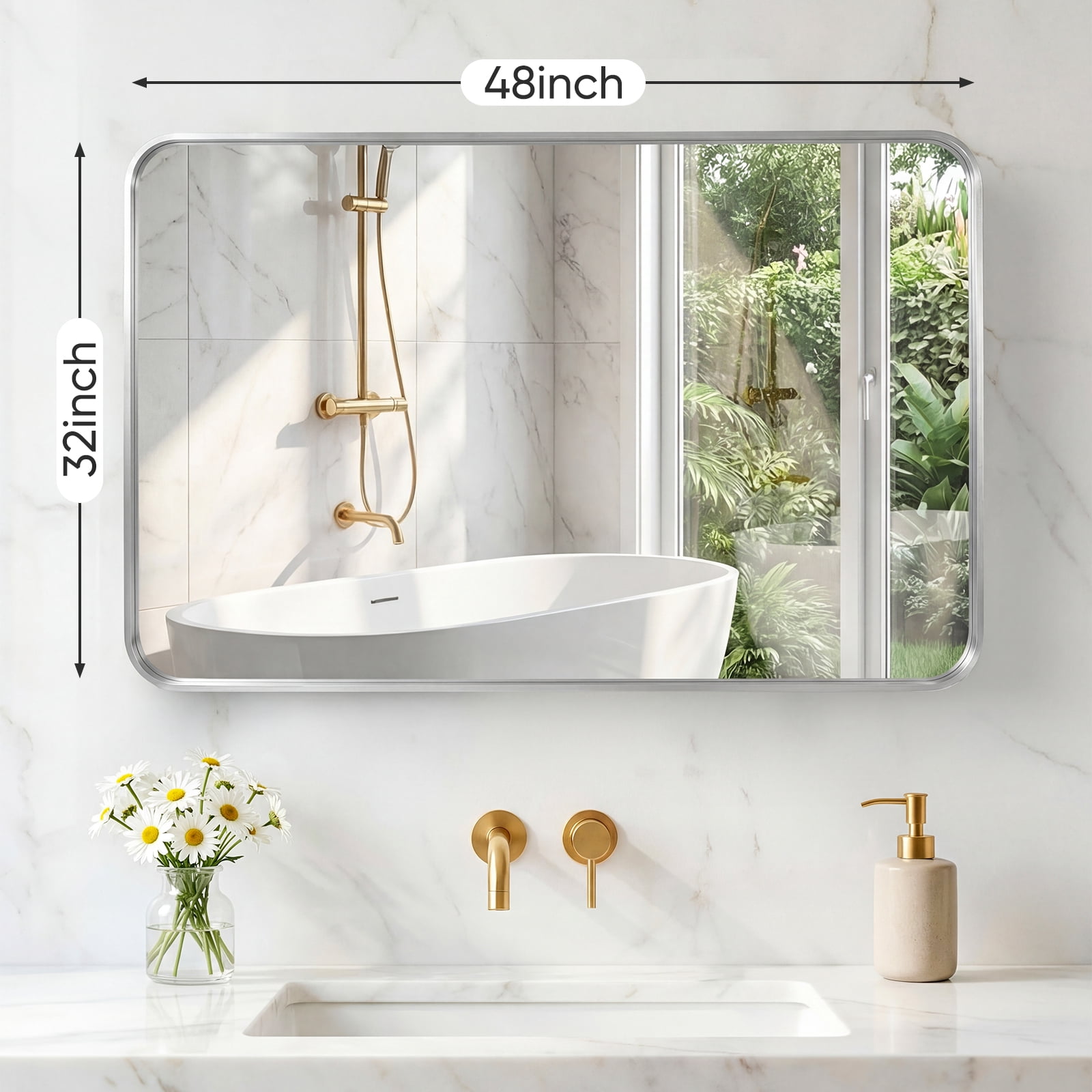 Gianna Anti-Fog Bathroom Wall Mirror – 32" x 48" Shatterproof Vanity Mirror with Rectangular Metal Frame, Sliver