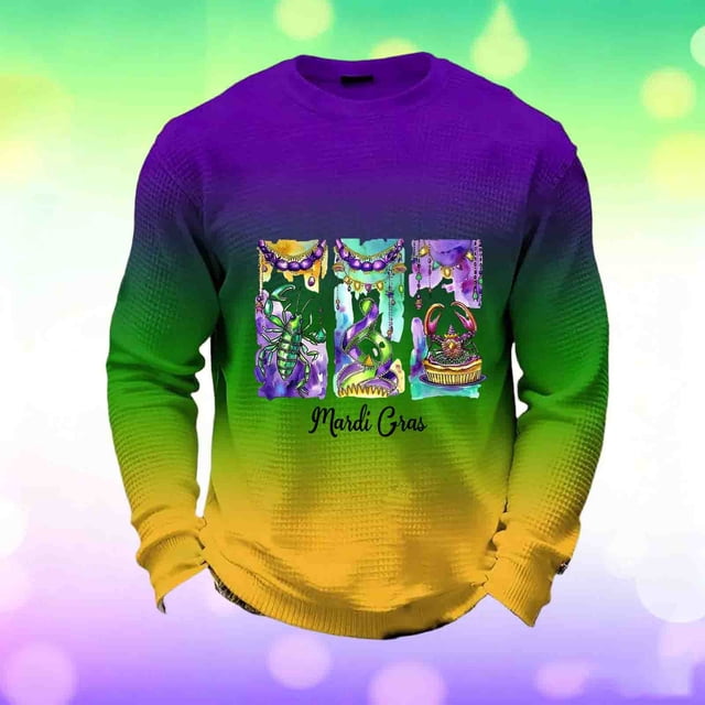 Ceisia Men's Mardi Gras Gradient Waffle-Knit Sweatshirt | Relaxed Spring/Summer Casual Top Gift