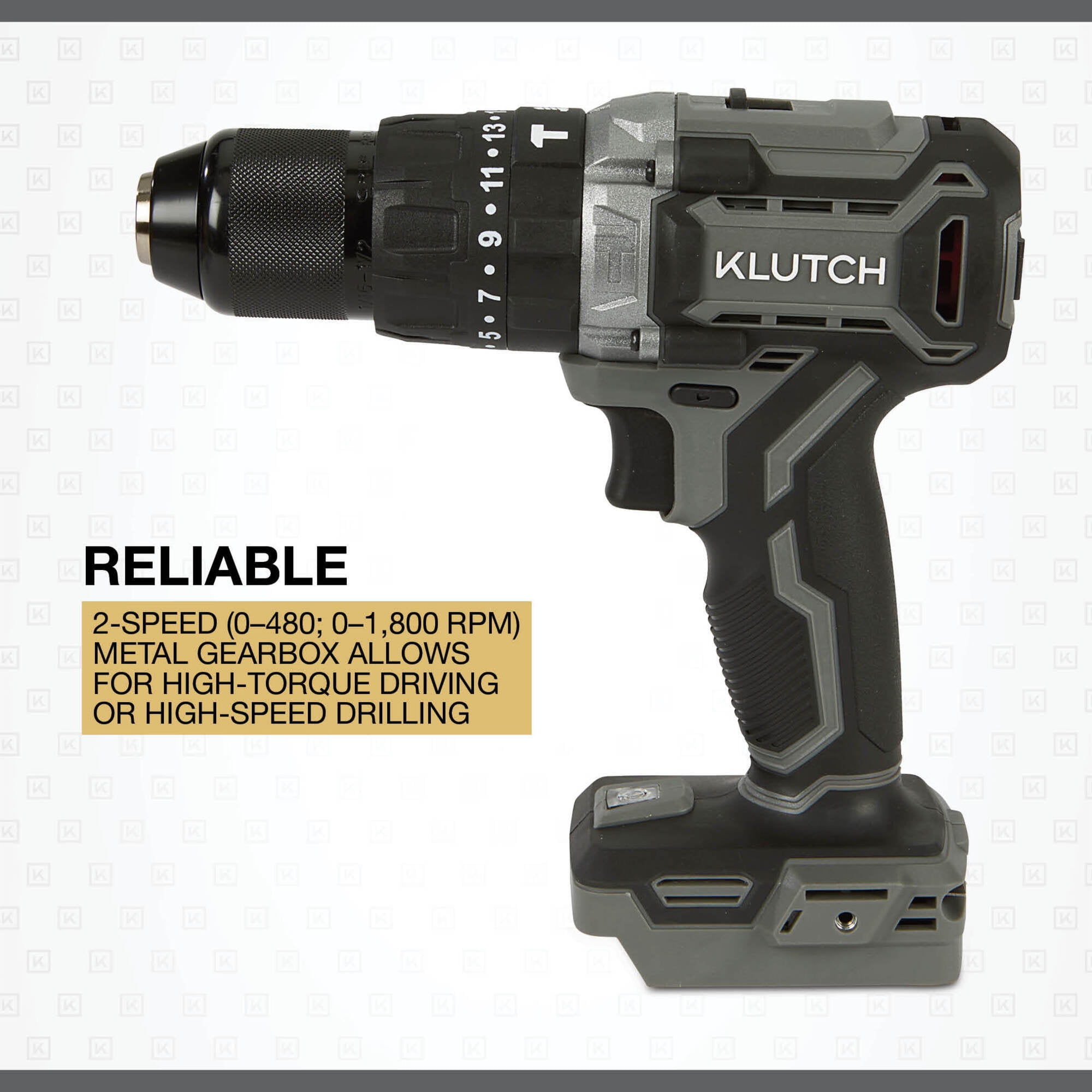 Klutch 1/2in. Hammer Drill/Driver, KLiQ 20V, 440 In./Lbs. Breakaway Torque, Brushless, Cordless, Bare Tool