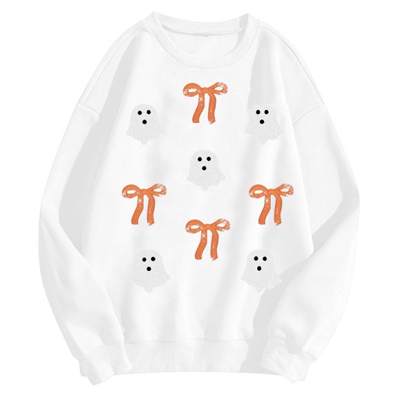 Peichun Women's Oversized Halloween Sweatshirts Colorful Sequin Ghost and Bow Graphic Crew Neck Pullover Tops Vintage Print Drop Shoulder Loose Cozy Fall Winter Hoodless Sweatshirt 3-White XL