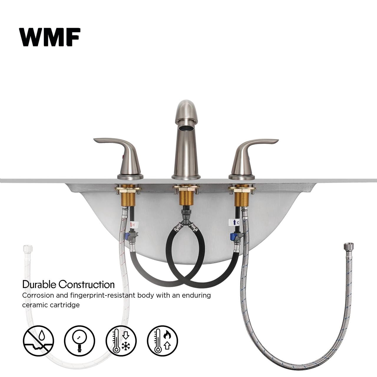 WMF Stainless Steel Silver 8 Inch Widespread 2 Handle High Arc Bathroom Faucet