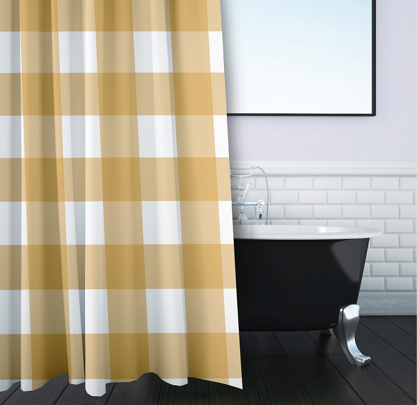 Simply Daisy 70" W x 73" L Gingham Plaid Polyester Shower Curtain, Golden Mustard [1 Ct]