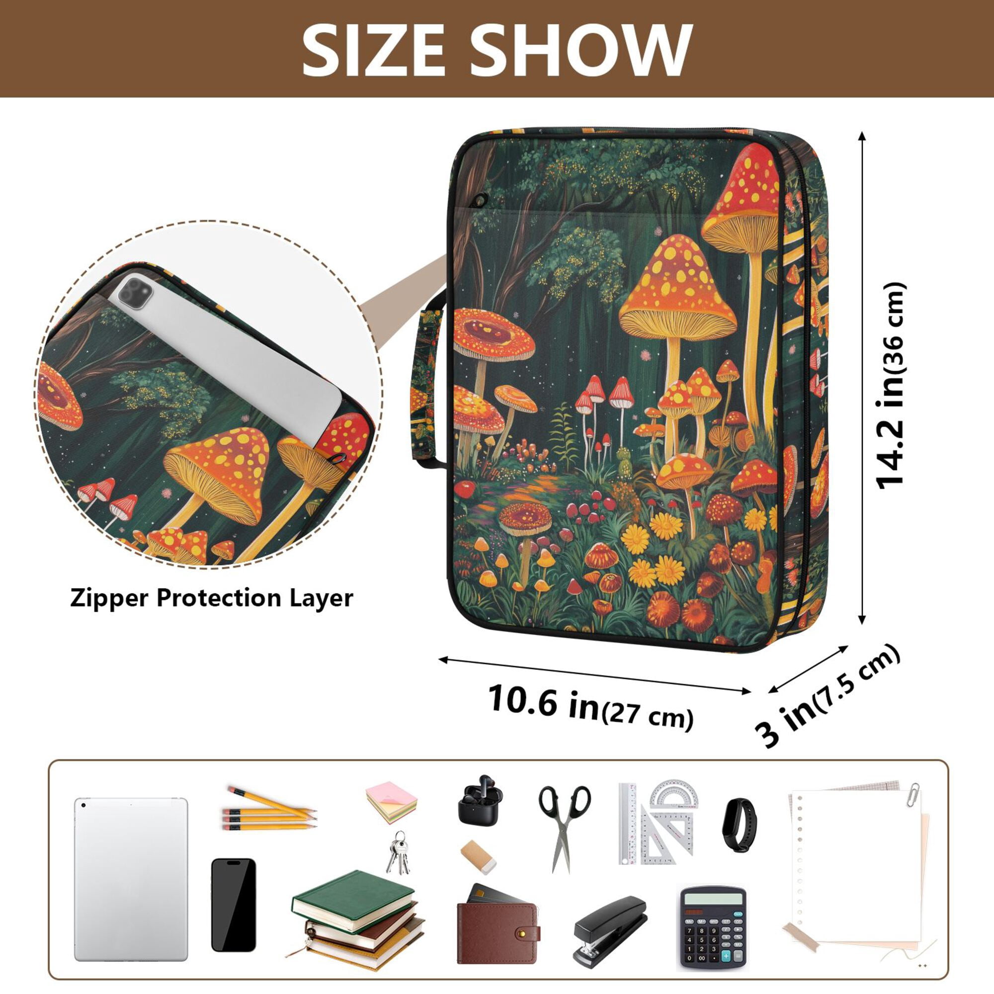 FORMRS Accordion File Folder A4 Size 7-Pocket Expanding Document Organizer Bag with 3 Ring Binder, Forest Mushroom