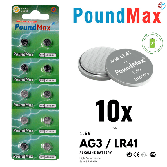 PoundMax AG3 LR41 Batteries 1.5v Alkaline Button Cell Battery - 10 Count