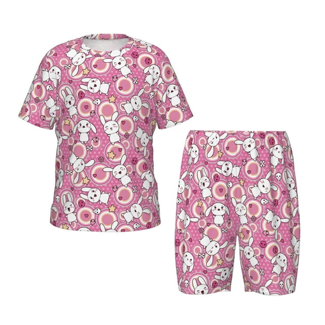 Xecao Cute Rabbit Pattern Short-Sleeved Pajama Set for Kids Soft Cotton-Like Sleepwear with Elastic Waistband and Side Pockets for Boys and Girls-X-Large
