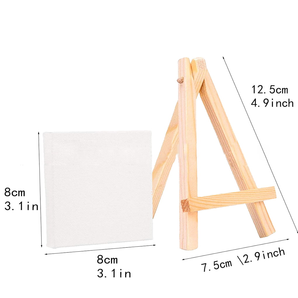 FIXSMITH 3x3 inch Mini Stretched Canvas Easel Set- Bulk Pack of 12 Small Stretched White Blank Canvas Panels & Wood Easels for Painting Craft Drawing