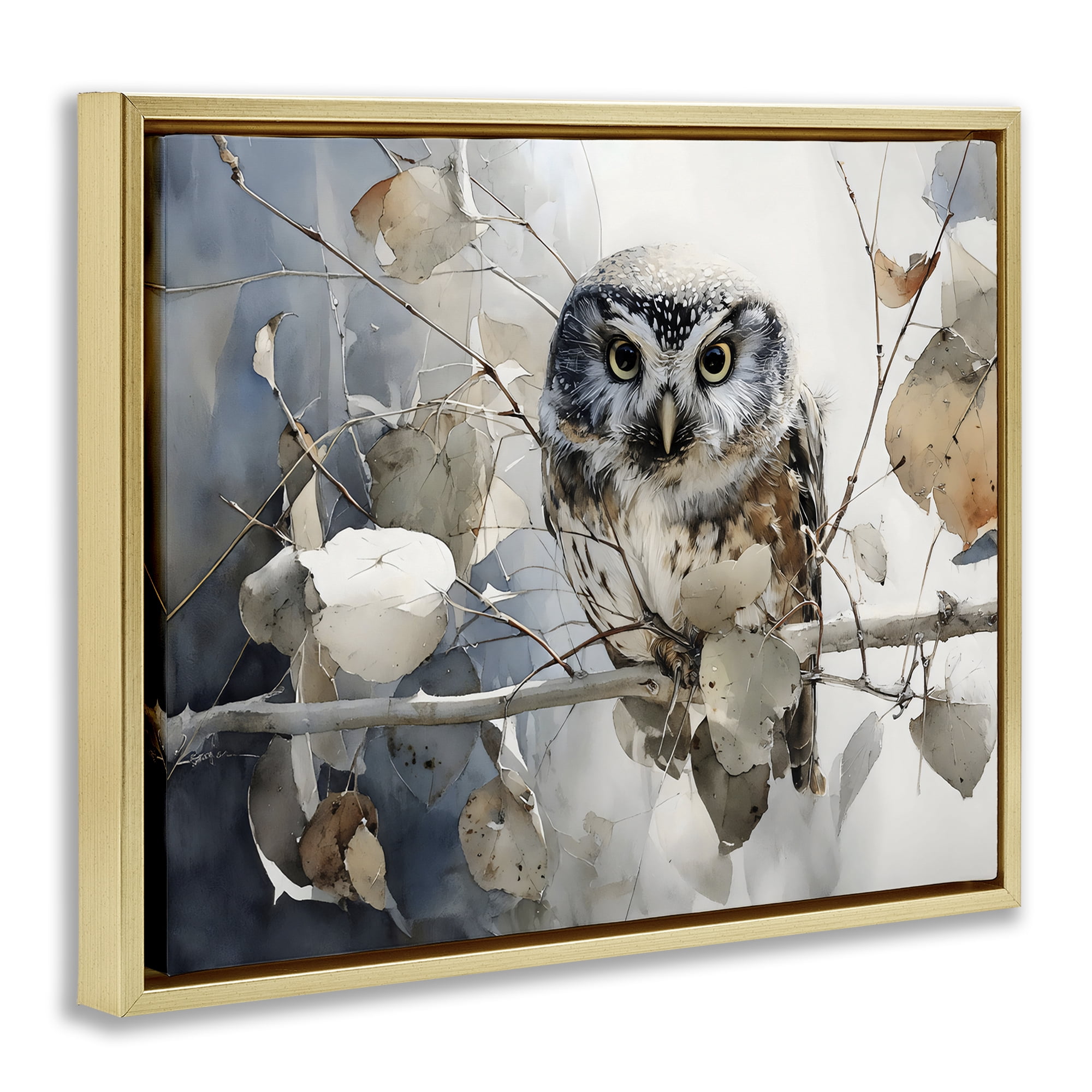 Stupell Industries Hoot Owl on Autumn Branch Gold Framed Floater Canvas Wall Art, design by Franklyn Gregory