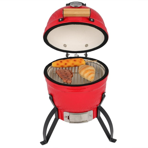SamyoHome Kamado Grill Charcoal BBQ Grill, 13in Barbecue Grill Ceramic Barbecue Smoker and Roaster - Red