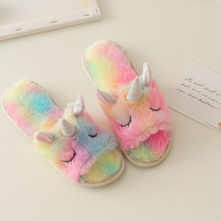 

CoCopeanut Cute Multicolor Fur Unicorn Slippers for Girls Comfortable Non-Skid Cozy Soft House Rainbow Color Women Fuzzy Slippers Onesize