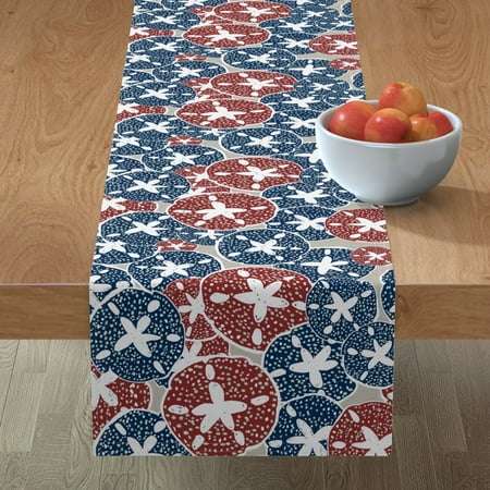 

Cotton Sateen Table Runner 72 - Sand Dollars Navy Midcentury Modern Nautical Sea Shells Beach Vacation Red White Blue Life Circles Print Custom Table Linens by Spoonflower