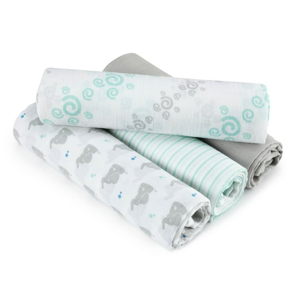 aden + anais Essentials Couverture d'Emmaillotage pour Bébé, 100% Mousseline de Coton, Lot de 4, 44 X 44 Pouces, Baby Star - Éléphants