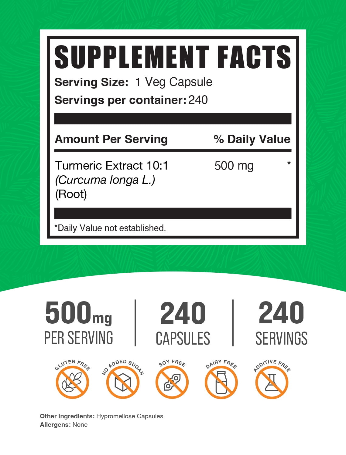 BulkSupplements Turmeric Curcumin Extract Capsules - Vegan, 500mg per Serving (240 Capsules - 240 Servings)