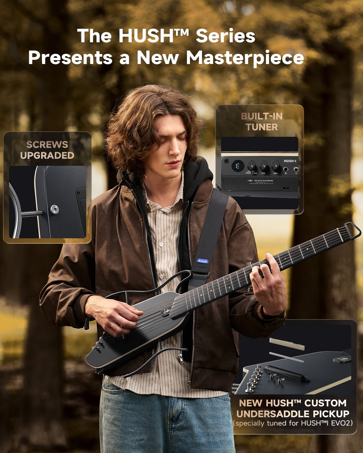 Donner HUSH-I EVO2 Acoustic Electric Travel Guitar – Portable Headless Quiet Practice Guitar, Ultra-Light, Mahogany Body with Built-in Tuner, Detachable Stands & Headphone Jack - Black
