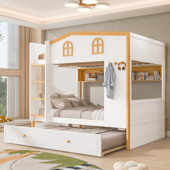 FFZ Full over Full Bunk Bed with House Guardrails, Storage Shelves and Trundle, White natural
