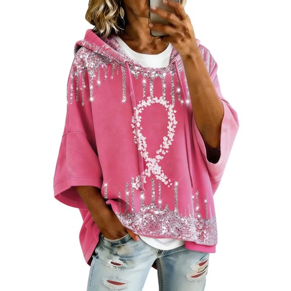 Arlun Women's Cancer Awareness Hoodies Cute Hearts Ribbon Glitter Graphic Art Print 3/4 Sleeve Oversized Sweatshirts Loose Casual Drop Shoulder Pullover Tops