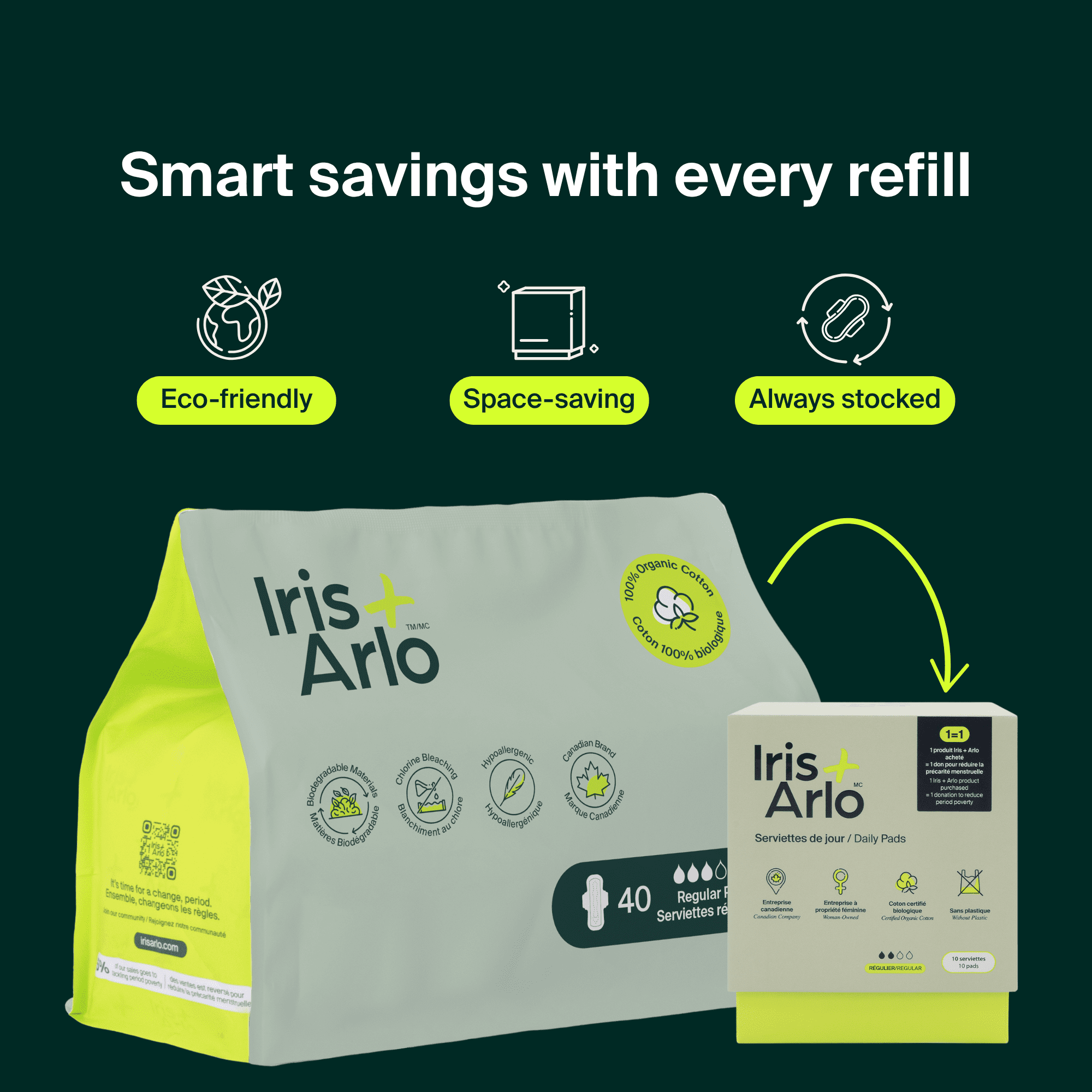 Iris + Arlo Serviettes Biologique, Régulier, 100 % coton, Sans Parfum, Non Toxique, Sans Plastique (14 unités)