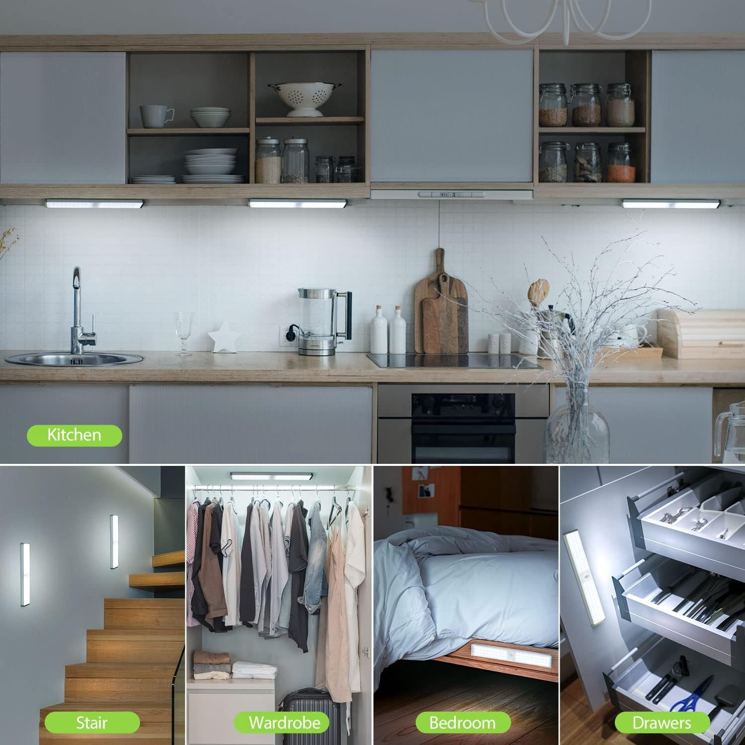 OGEDNAC 60 LED Under Cabinet Lighting Kit, USB-C Rechargeable Closet Light with Charging Station, Remote Control, Timer, Motion Sensor Wireless Kitchen Night Lights for Wardrobe, Cupboard, 3 Pcs