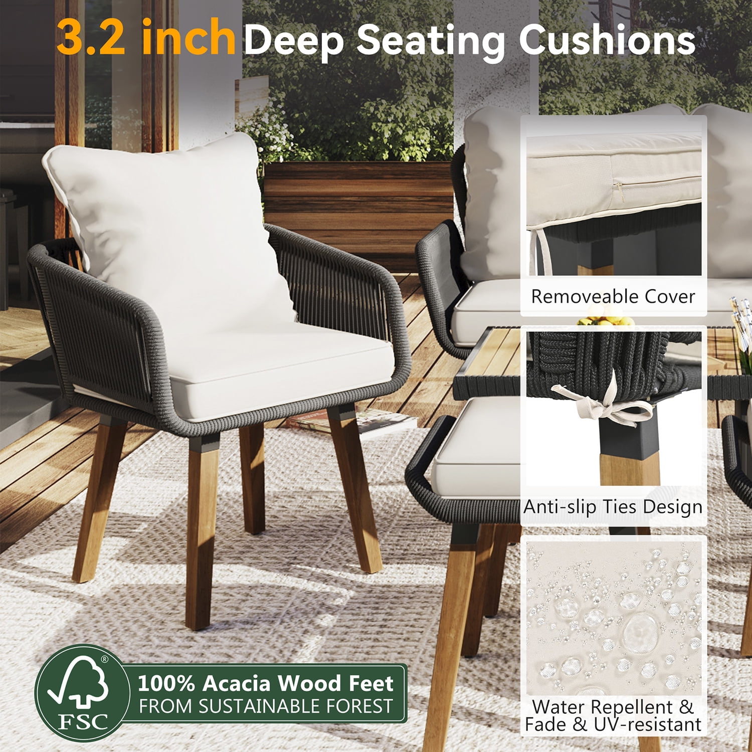 Aimee Lii Outdoor Patio Acacia Wood & Rope 6-Piece Furniture Set with Ice Bucket, Patio Conversation Set with Ottomans, Beige