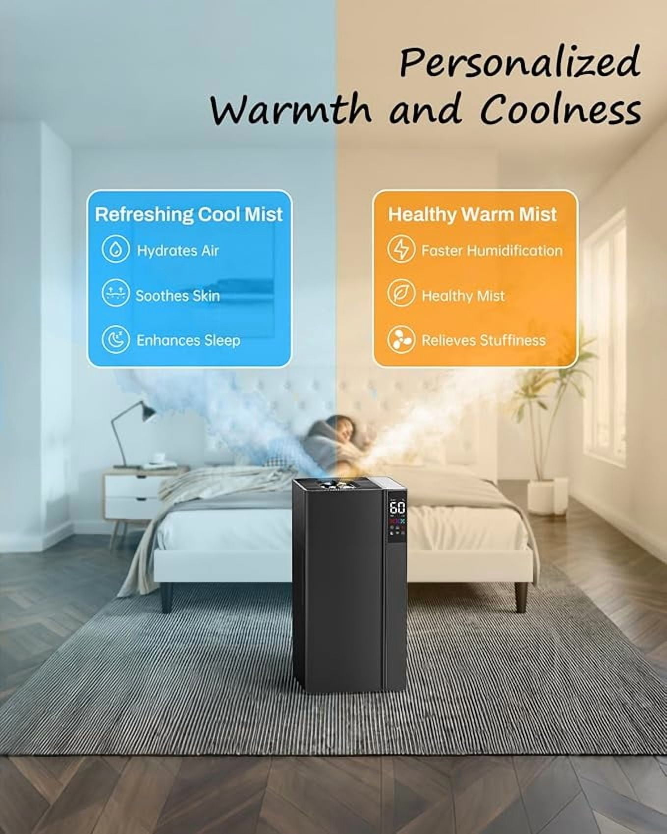 Warm and Cool Mist Humidifier Large Room, 5.3Gal/20L Whole House Humidifiers for Home, Quickly & Evenly Humidify Larger Areas, Top Fill, Dual Mist Nozzles and Atomizers, Office Plants, Black