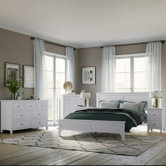 Newboti White Solid Wood 5 Pieces Full Bedroom Sets(bed& nightstand*2& chest& dresser) 958269351986203