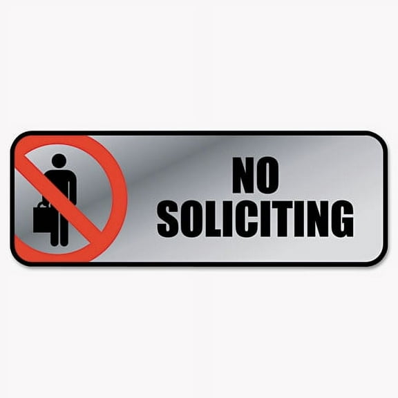 Brushed Metal Office Sign, No Soliciting, 9 X 3, Silver/red | Bundle of 2 Each