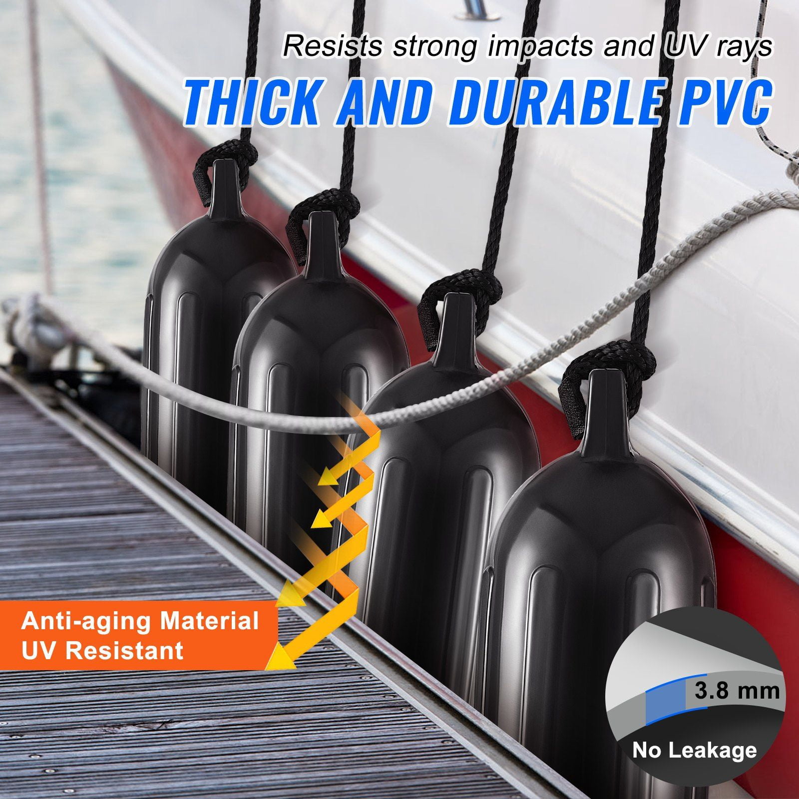 5.5x20 Inch Inflatable Boat Fenders (2-Pack) - Heavy Duty Ribbed Dock Bumpers with Ropes & Air Pump, Storage Bag - Marine Safety for Docking, Pontoon, Yacht (Black)