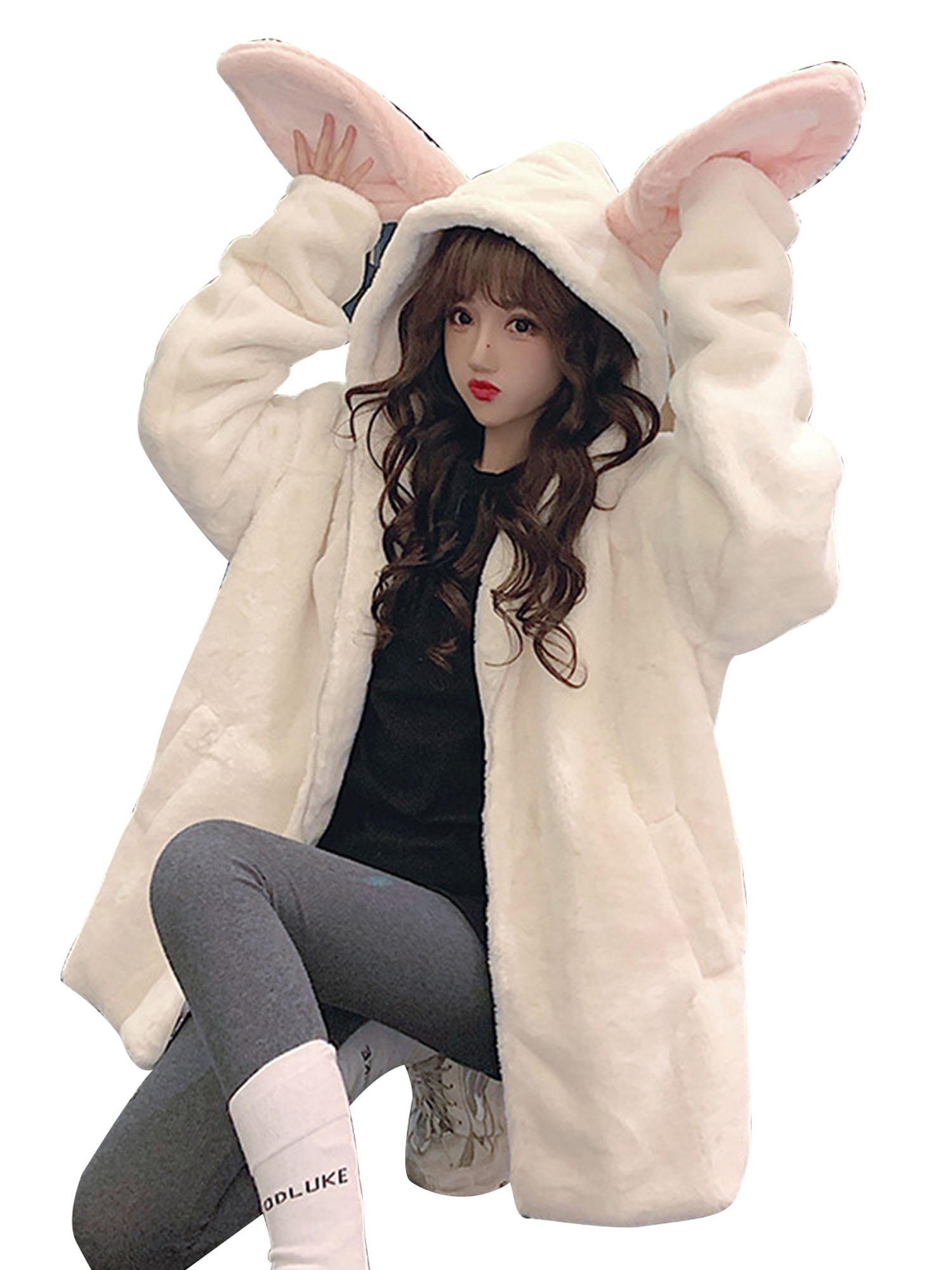 Sunisery Women Cute Kawaii Bunny Ear Hoodie Jacket Coats for Women Fuzzy Fluffy Rabbit Hooded Sweatshirt, Women's, Size: 2XL, White
