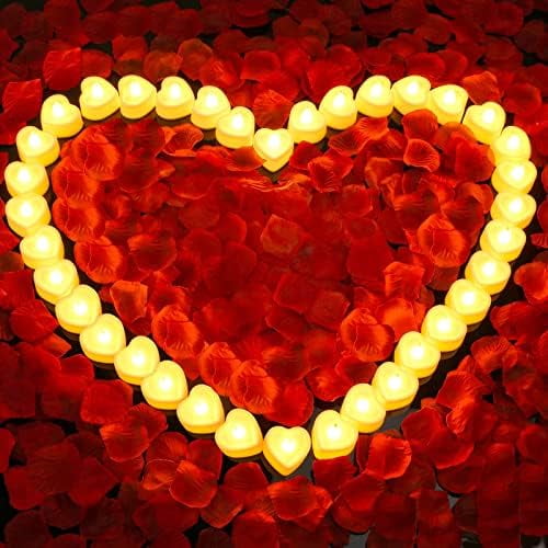 3000Pcs Rose Petals with 36Pcs LED Tea Lights Candles, Rose Petals for Romantic Night for Her Set, Romantic Decorations for Special Night, Valentine's Day, Wedding, Anniversary Decorations