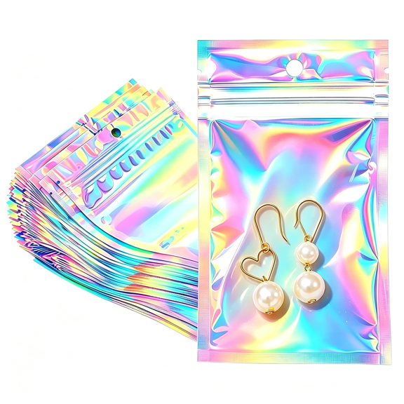 GASTROPOD 100Pcs Holographic Bags-Mini Resealable Packaging Bags,Small Gift Baggies for Party Favors,Food Storage,Cosmetics,Jewelry,Candy,Keychain,Necklaces,Lipgloss（2.7X4.7In）