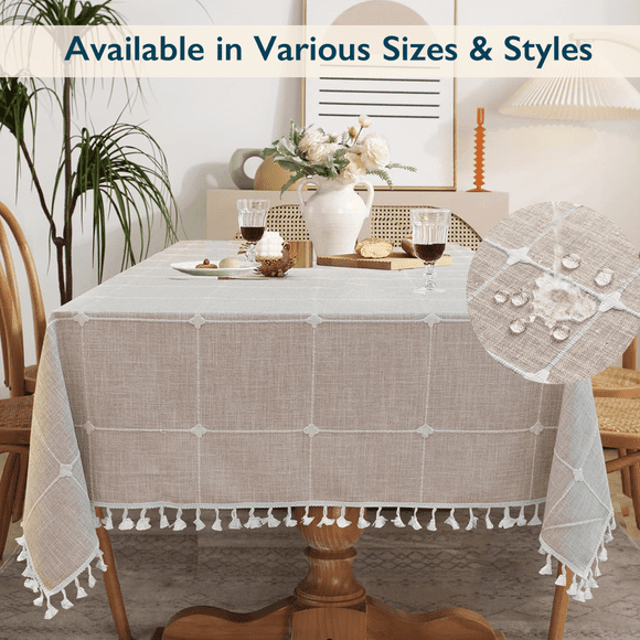 ComfiTime Mantel mantel Ajustado para Mesas Rectangulares O Redondas de 6 Pies, 8 Pies y Otros Tamaños, Mantel de Lino Sintético/arpillera para Fiestas con Borlas y Bordado, 55 x 120, Beige