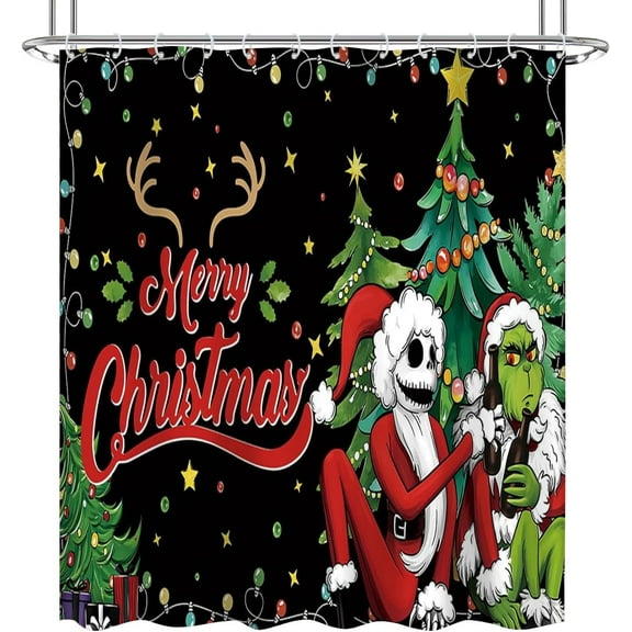 NIGHTMARE BEFORE CHRISTMAS Shower Curtain Fabric, Cool Cartoon Merry Christmas Jack Skellington and Sally Shower Curtains for Kids Christmas Bathroom Decor with 12 Hooks (Color-07)