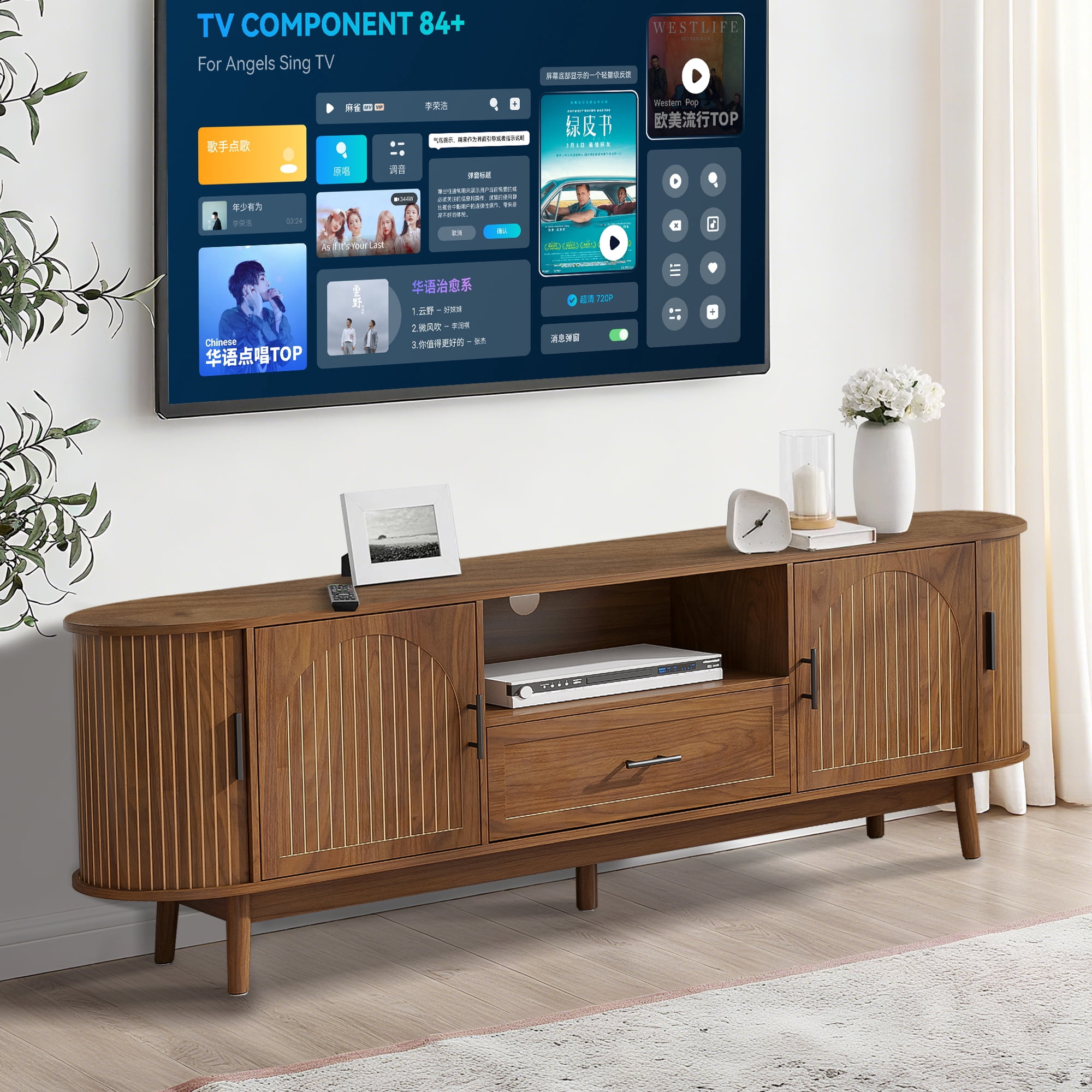 70" TV Stand for Tvs up to 80", Mid Century Modern Fluted Entertainment Center with Drawer and Fluted Doors, Media Console for Living Room Bedroom, Walnut