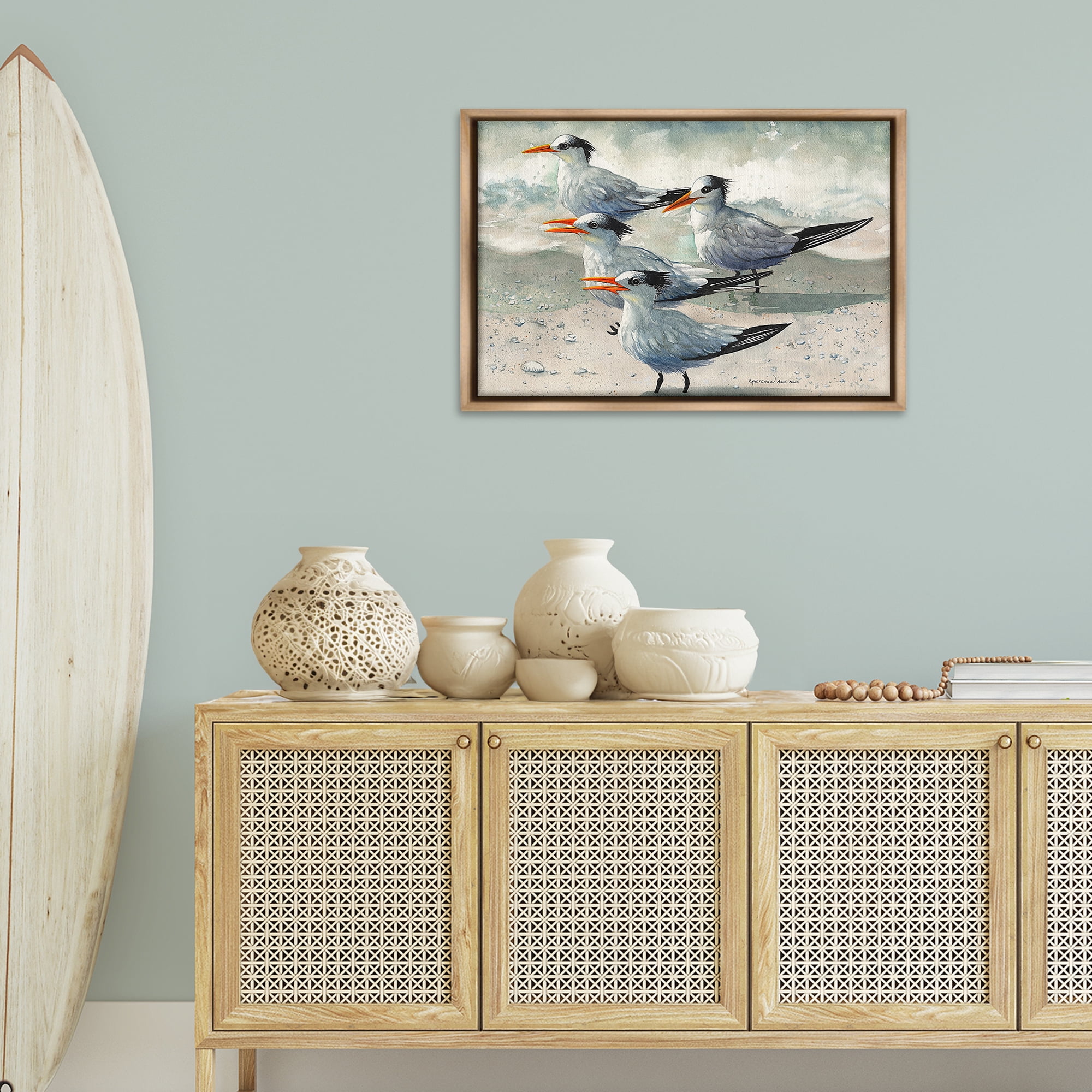 Stupell Industries Birds on Sandy Beach Animals & Insects Painting Brown Floater Framed Canvas Art Print Wall Art, 31 x 21